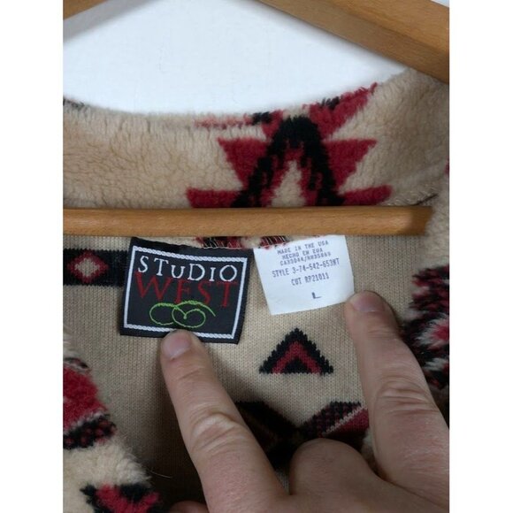 Vintage 90s Fleece Southwestern Vest Size Large Aztec Western Metal Button - Picture 3 of 8